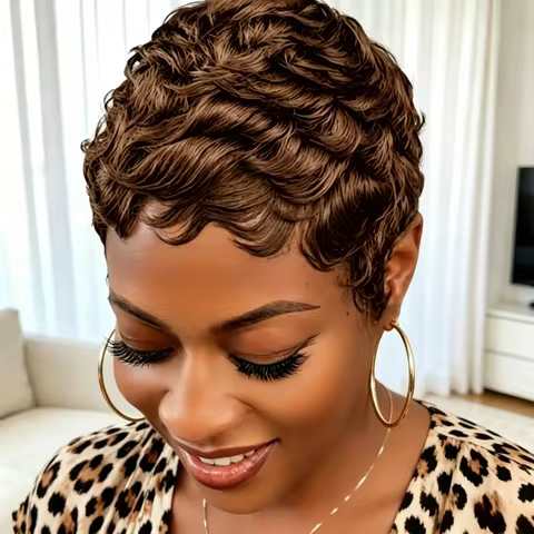 Full Machine Made Short Curly Pixie Human Hair Wig, Natural Black Short Wave Human Hair Wig For Wome