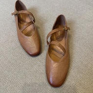 Women's leather flat shoes with straps, rubber sole, women's doll shoes, QC FULLBOX