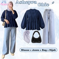 Simple, Modern Teenage Clothing Set (Ruffled Blouse, Jeans, Hijab) 4-in-1 Set Korean StyleWanita AS8