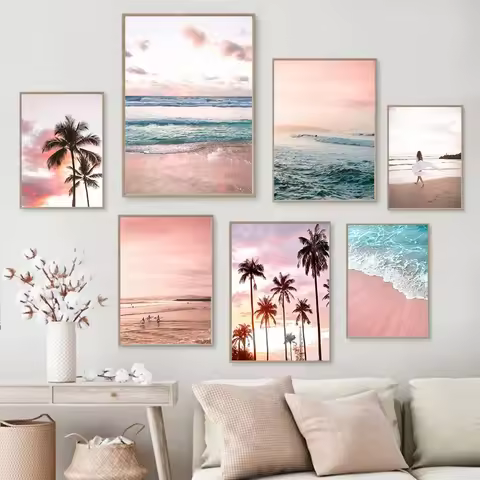 Pink Sea Beach Diamond Art Painting Surf Poster Coconut Tree Print Pictures Ocean Landscape Nordic P