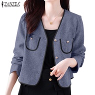 ZANZEA Women Korean V-Neck Colour Blocking Long-Sleeved Pockets Blazer