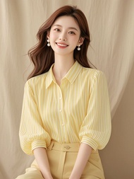 Luxqlo Yellow Stripe Shirt Women Fashion Casual 3/4 Blouse Korean Style Loose Office Tops 2024