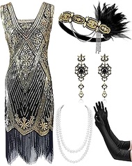 1920 V-Neck Flapper Dress for Women with 20s Accessories Set 1920s Outfits for Women Black and Gold 