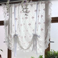 1 Panel French Country Pink Flower Lace Embroidery Sheer Short Curtain for Kitchen Window Adjustable Height Tie Curtain Rod Pocket Top Balloon Curtain