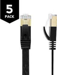 Buhbo 25 ft CAT7 Flat Ethernet Cable Shielded STP Network Snagless Cable RJ45 Cat 7 (5-Pack) Black