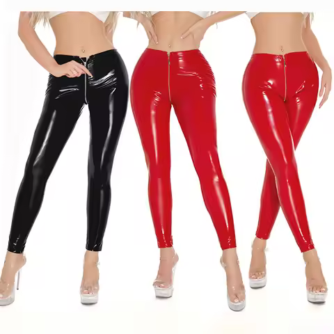Women Faux Leather Leggings Pants Fetish Zipper Open Crotch Latex PVC Pants Bondage Wetlook Nightclu