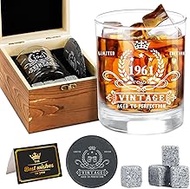 65th Birthday Man, Vintage 1961 Whiskey Glass Set, Wooden Box, Whiskey Stones, Coaster, Greeting Car