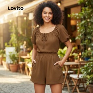 Lovito Women's Tie Front Shorts Set Plain Button Split Casual Summer/Spring Outfit L121AD1181