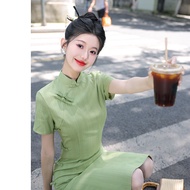 Green Young Style Slimming Cheongsam Short Length Side Buttoned Daily Wear Summer New Model for Teen