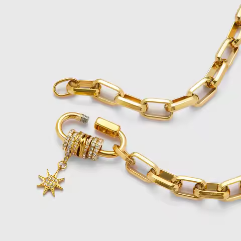 Waterproof Jewelry 18k Gold Plated Chunky Chain Carabiner Necklace Stainless Steel Pave Charismatic 