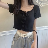 Evelyne` Women clothes korean Short-Sleeved T-shirt Casual Simple Lace-up Drawstring Bow Knitted T-shirt Short Top (Ready Stock)