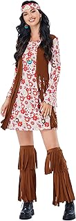KOJOOIN Women's Hippie Costume 60s 70s Outfit Clothes Peace Sign Necklace Retro Dress Ankle Socks