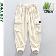 2023 Summer New Cotton Linen Cargo Casual Trousers for Men Thin Big Pockets Streetwear Men Pants Big Size AZ624