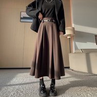 Preppy Style Gray Woolen Skirt Womens Mid-Length Autumn and Winter Cover Slimming A- line Skirt Plea