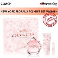 Coach New York Floral 3 Pcs Gift Set for Women (90ml EDP + 7.5ml Travel Spray + 100ml Lotion) GiftSet[Authentic Perfume]