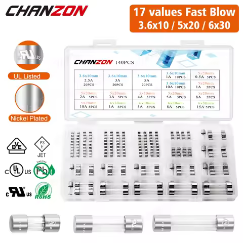 140PCS 3.6x10 5x20 6x30 Glass Fuse Kit Fast Blow Tube 0.5A 1A 2A 2.5A 3A 4A 5A 8A 10A 15A 125V 250V 