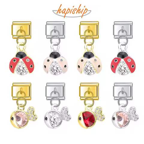 Hapiship Fashion Sweet Colour Glaze Fish Beetles CZ Charm Links Fit 9mm Stainless Steel Bracelet Mak