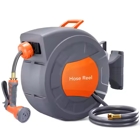 Wall Mounted Retractable Garden Hose Reel, 1/2 in X 72/100 ft, Auto Slow Rewind, 180° Swivel, 9-Func