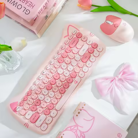 GEEZER Pink Cat Ear Wireless Keyboard Mouse Combo, Cute Silent Round Keycaps for Girls Office, US QW
