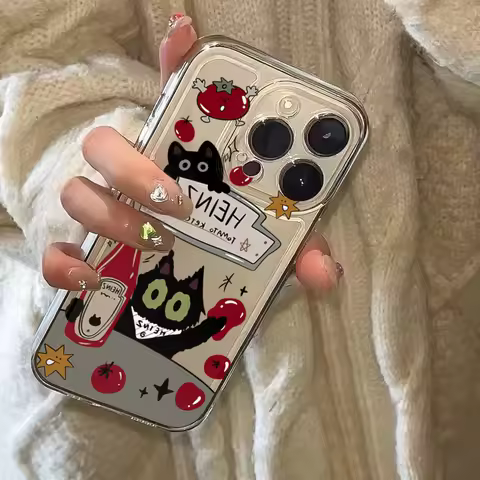 Tomato Sauce Black Cat Soft Phone Case for iPhone 18 17 16E 16 15 14 13 12 11 Pro Max X XR XS 7 8 Pl