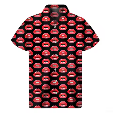 Fashion Red Lips 3d Printed Shirt Men Women Summer Vacation Loose Short Sleeves Hawaiian Tee Shirts 