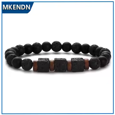 MKENDN Square Volcanic Stone Bracelet for Men Women Natural Lava Black Onyx 8mm Beads Bracelets Yoga