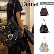 Deinet Korea 2026 New Style Niche Backpack Bucket Bag Drawstring Large Capacity Rivet Portable Shoul