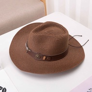 Fedora Men's Jazz Straw Hats with Large Eaves Cowboy Cow Belts Hats
