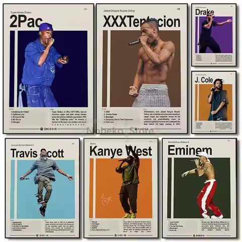 Rapper Hip-Pop Singer 2Pac XXX Eminem Kanye J.Cole Portrait Poster and Prints Canvas Painting Wall A