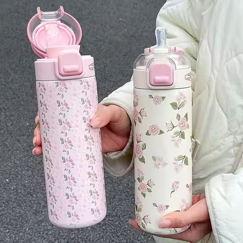 1pc 700ML Printed Insulated Sports Water Bottle - One-Touch Lid with Straw & Sip Option, Cute Thermo