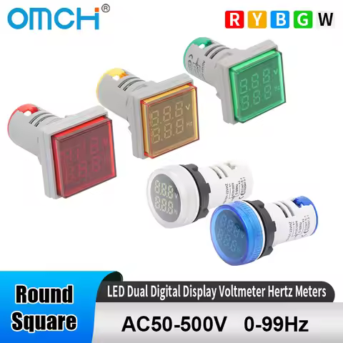 OMCH 1PCS 22MM AC50-500V 0-99Hz Round/Square Mini LED Dual Digital Display Meter Volt Hertz Tester D