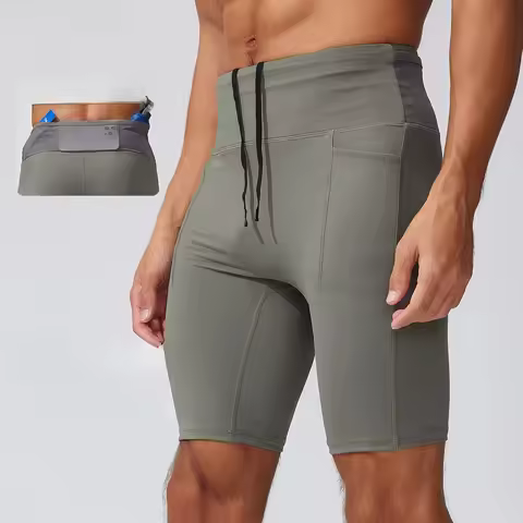 Men's Compression Running Shorts with Back Waist Storage Pockets, High-Waisted Breathable Athletic B