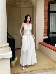 Elegant สีขาวสไตล์ฝรั่งเศส Heavy เย็บปักถักร้อยชุด Hollow OUT เย็บเอว Cinch กระโปรงยาวสําหรับฤดูร้อน