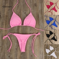 2 Pcs/Set Bikini Set Solid Color Halter Neck Strap Thong Women Swimsuit Set for Beach