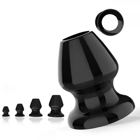 Black TPR Hollow Anal Plug Set without Caps - Tunnel Butt Plug for Gape Training Prostate Play & Adv