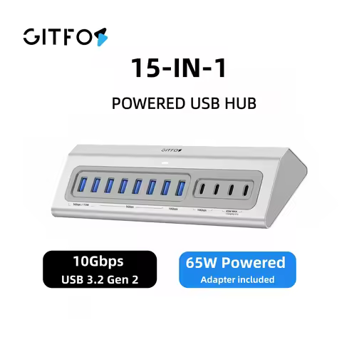 GITFOS 15 in 1 Powered USB C Hub with 65W Power Adapter, 10Gbps USB 3.2 Gen 2 Splitter, 100W PD, for