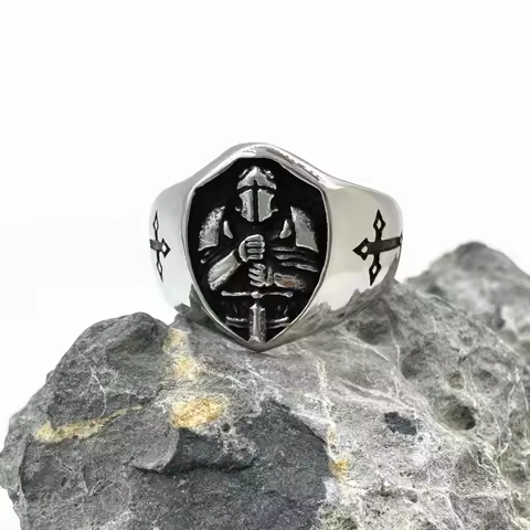 Solid Warrior Cross Ring 316L Stainless Steel Jewelry Helmet and Armor Hero Man Ring size 7-13