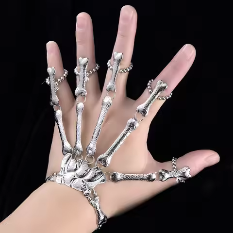 Fashion Handmade Halloween Wristband Skull Fingers Metal Skeleton Hand Bracelet With Ring For Women 