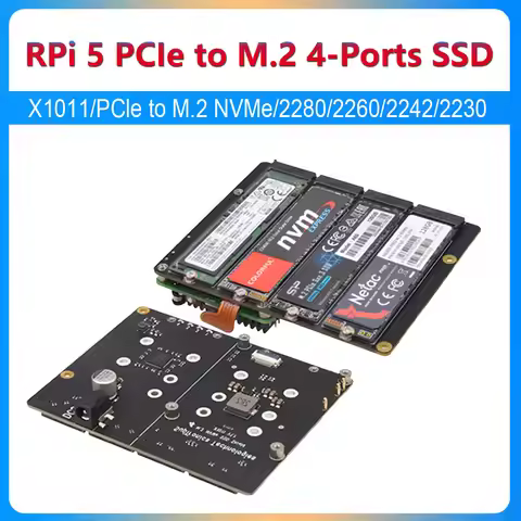 Raspberry Pi 5 PCIe to M.2 NVMe 4-Ports SSD Expansion Board HAT X1011 Pi5 Four-Times 2280/2260/2242/
