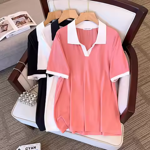 Plus Size Women's Bust 170cm Summer Loose Short Sleeve Contrast T-shirt 4XL 5XL 6XL 7XL 8XL 9XL 170K