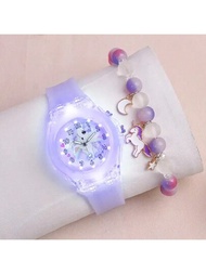 發光的西瓜果凍石英手錶套裝,附有矽膠手錶、三葉草手鍊和粉色禮盒