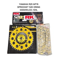 YAMAHA R25 MT25 SPROCKET GS520KLO2-120 ORING RK GONGO GOLD SPROCKET GOLD SET R25 MT25 15T 42T 43T 52