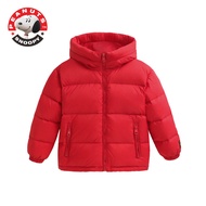 เสื้อแจ็คเก็ตขนเป็ดหนา Snoopy สำหรับเด็ก ฤดูหนาว 2024 ใหม่ เสื้อผ้าเด็กชายและเด็กหญิง สีแดง ยาวปานกล