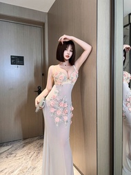 Váy Dạ Hội Xuyên Thấu Dài Hở Lưng Sâu V Đính Đá Váy Dạ Hội Đi Show Trang Phục Biểu Diễn Đêm Váy Dự T