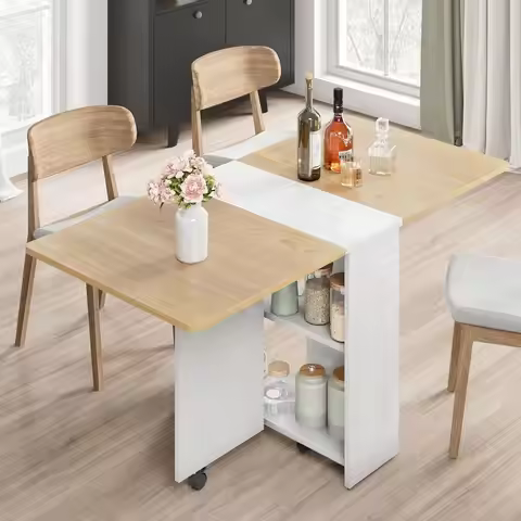 Folding Dining Table, Drop Leaf Dining Table with 6 Wheels and 2Layer Storage Shelf, Space Saving Ki