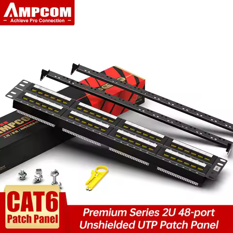 AMPCOM Premium Series CAT6 Patch Panel,15U Gold Plated, 2U 48-Port Rackmount or Wallmount Punch Down