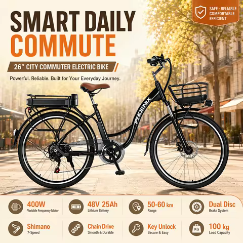 U3 Adult Electric City Bicycle 26 Inch Step Through Frame 400W Motor 48V 25Ah Battery 50-60KM Range 