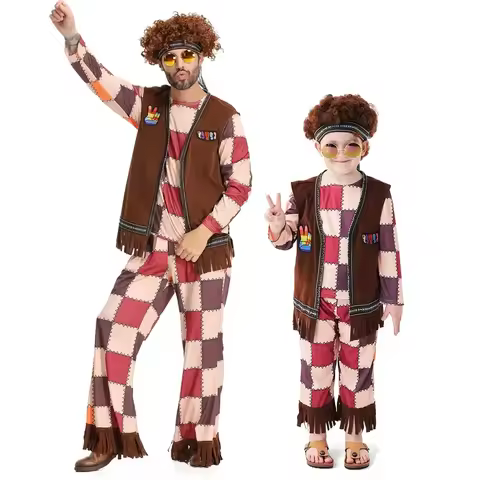 Kids 60s 70s Vintage Disco Outfits Adult Men Halloween Hippie Costume Fringe Vest Boho Flared Pants 