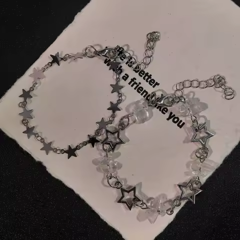 2Pcs Y2K Cute Star Stackable Bracelet Set Silver Tone Hollow Star & Clear Crystal Chip Bracelets for