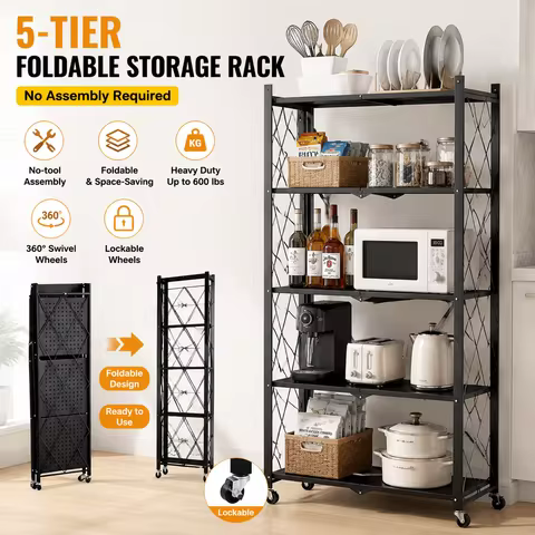 Heavy Duty 5-Tier Collapsible Metal Storage Rack with Wheels, 63x28x15in Rolling Shelf, No Assembly